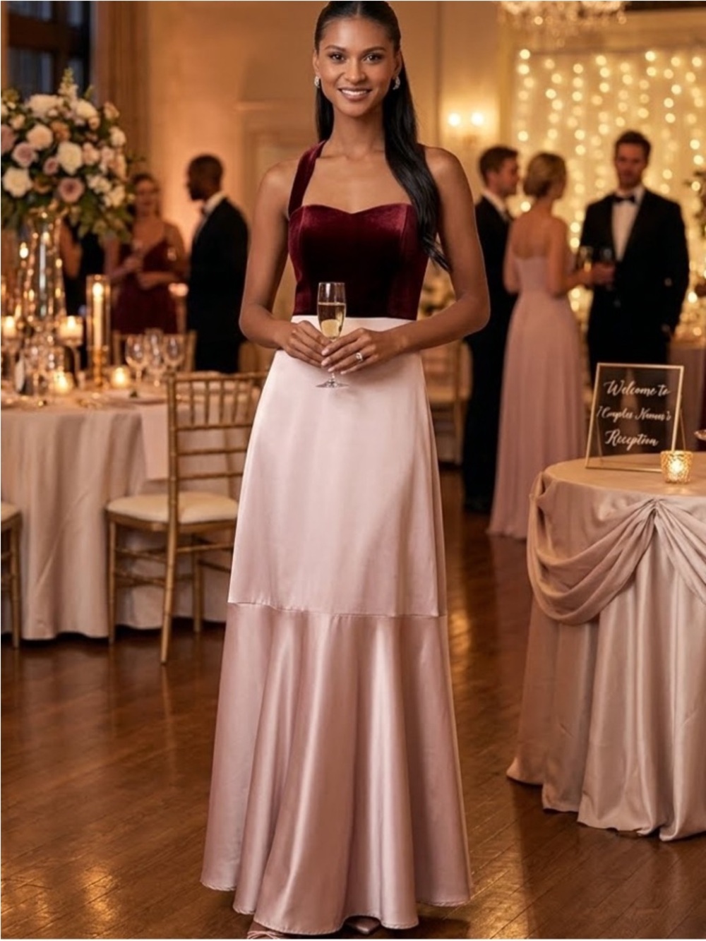 Lulu's Strapless Two-Tone Satin Gown in Wine and Blush - Picture 2 of 13